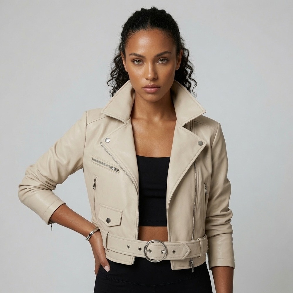 Tuba Butik Cream Faux Vegan Leather Cropped Biker Jacket Beige S Made in Turkey